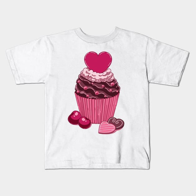 Cute chocolate muffin with a pink heart and cherries Kids T-Shirt by MinimalAnGo